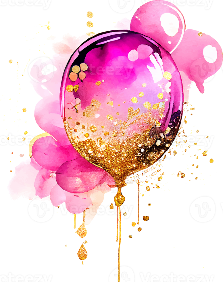 Watercolor alcohol ink pink birthday balloon with some golden glitter png