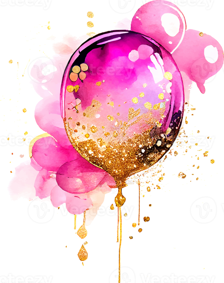 waterverf alcohol inkt roze verjaardag ballon met sommige gouden schitteren png