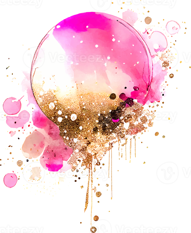 Watercolor alcohol ink pink birthday balloon with some golden glitter png