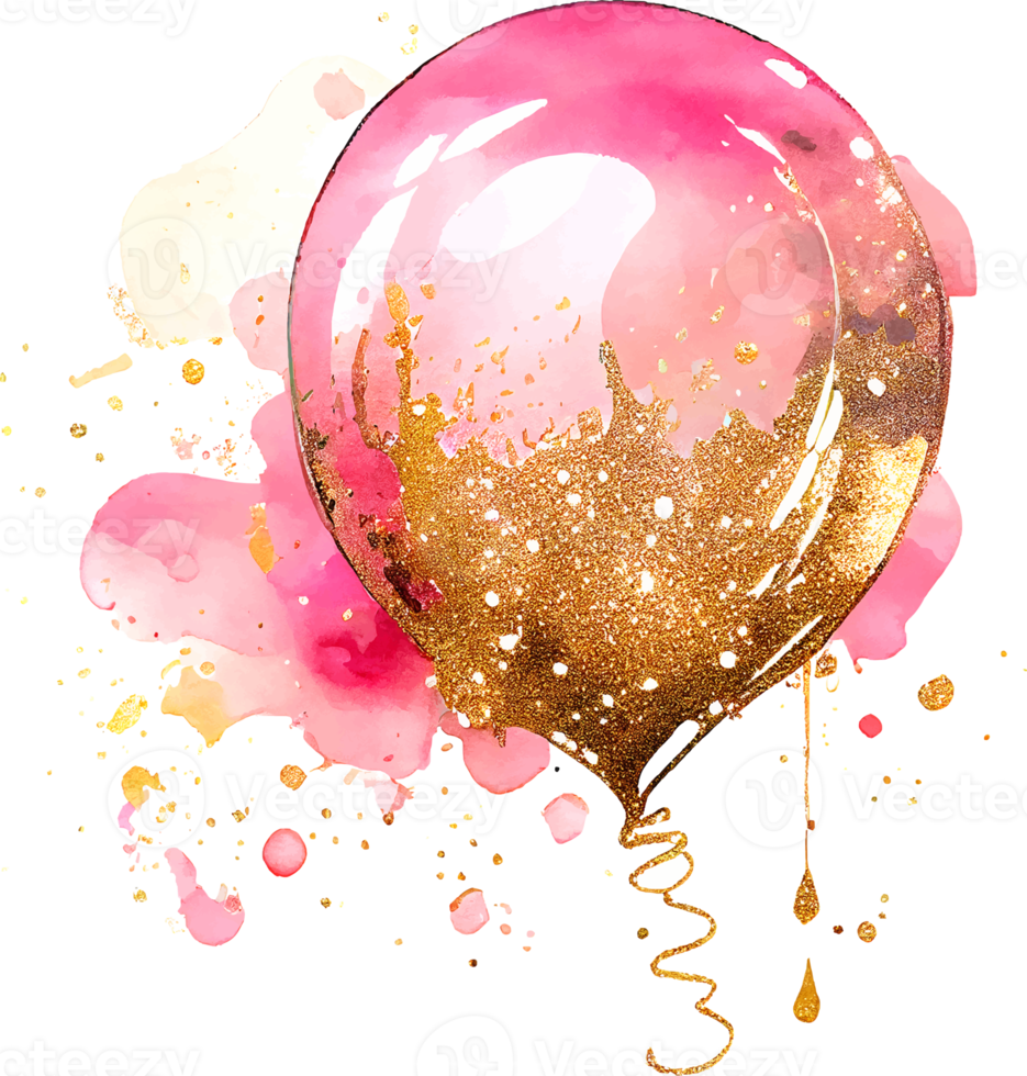 Aquarell-Alkoholtinten-Rosa-Geburtstagsballon mit etwas goldenem Glitzer png