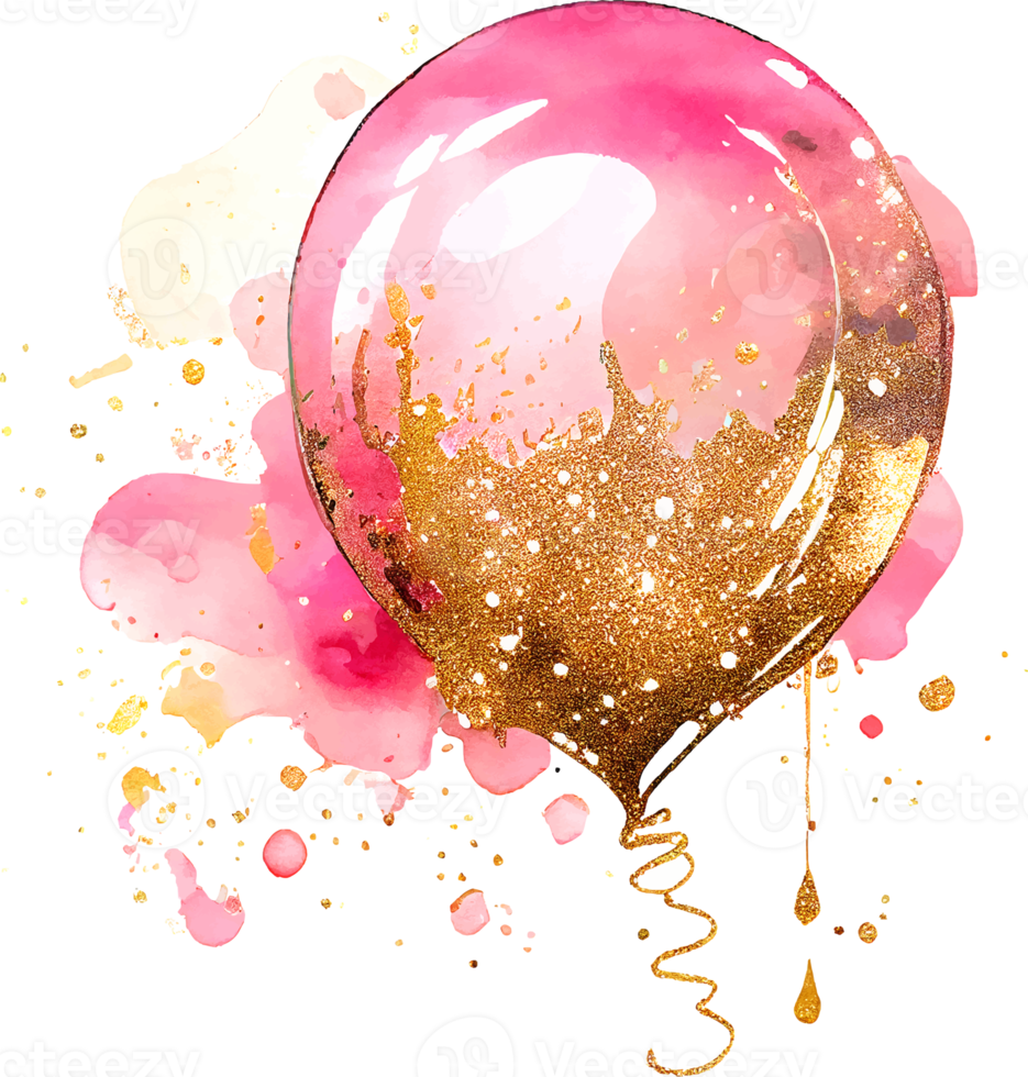 Watercolor alcohol ink pink birthday balloon with some golden glitter png