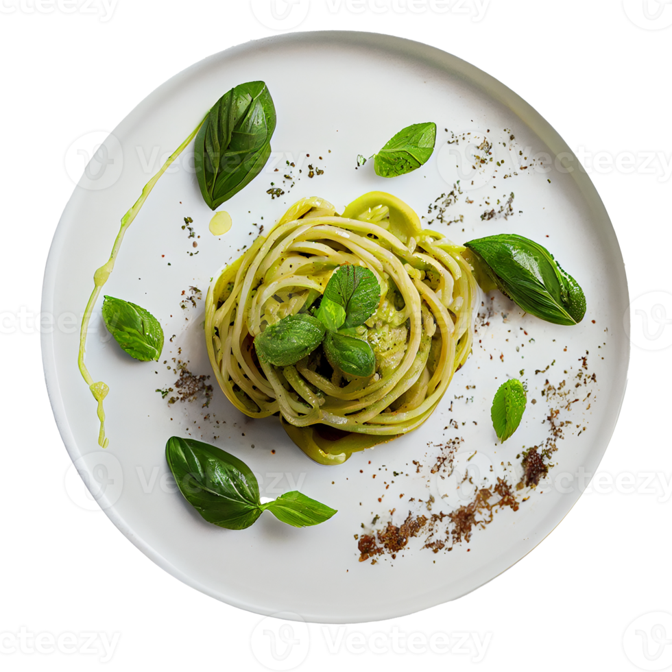 spaghetti con pesto e basilico su un' bianca piatto. generativo ai png