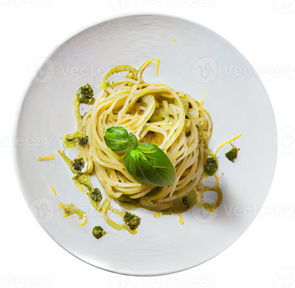 Spaghetti with Pesto and Basil on a White Plate. Generative AI png