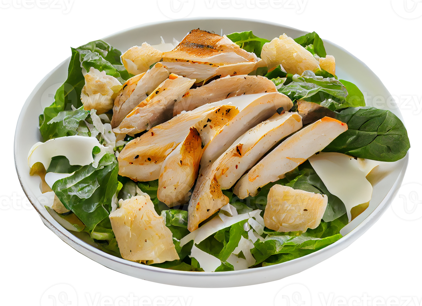 Caesar Salad with Chicken on a White Plate . Illustration Generative AI png