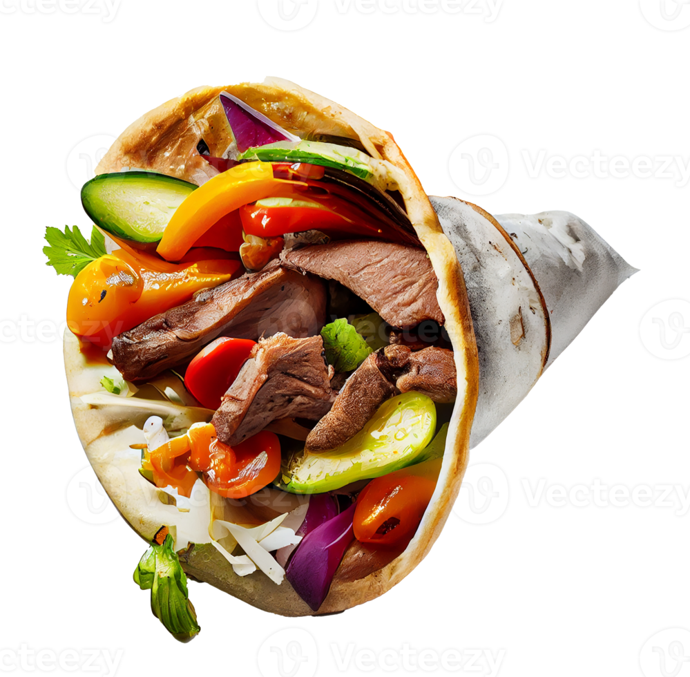 Kebab with Lamb and Vegetables in Pita Bread. Generative AI png