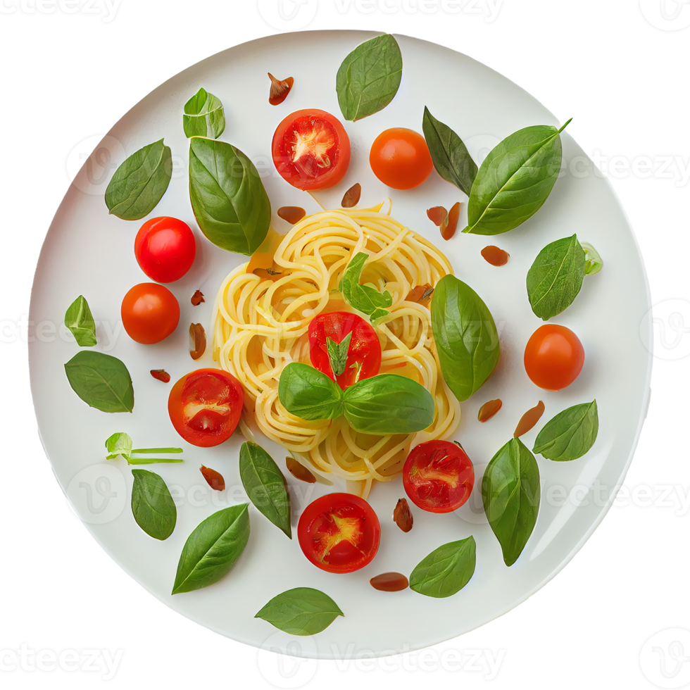 Spaghetti with Cherry Tomatoes and Basil. Generative AI png