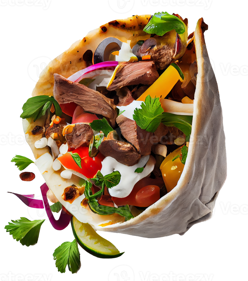 Kebab with Lamb and Vegetables in Pita Bread. Generative AI png