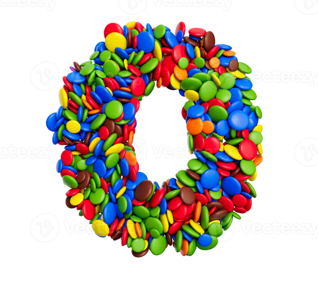 letra dígito 0 de caramelos de arco iris multicolores ilustración 3d aislada festiva png
