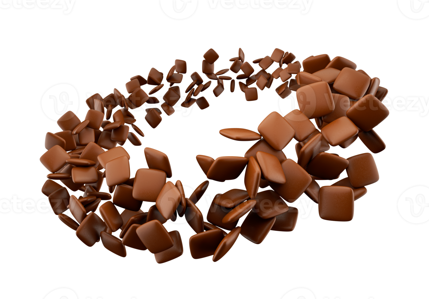 Brown Chocolate square shape candies flying around 3d illustration png