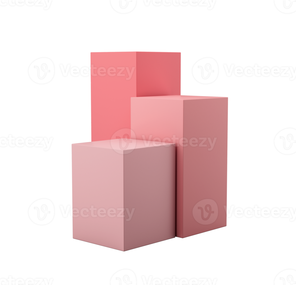 cubes géométriques roses, stands et murs vides, illustration 3d réaliste. scène vierge minimaliste avec des formes carrées, illustration 3d moderne png