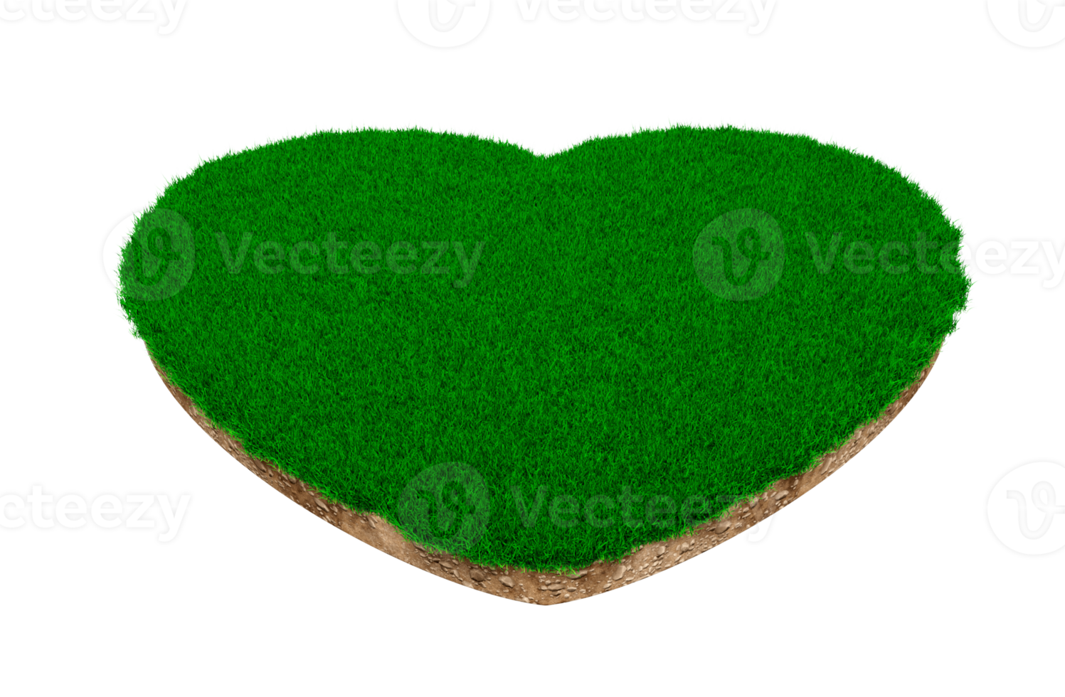 coupe transversale de la géologie du sol en forme de coeur avec de l'herbe verte, de la boue de la terre coupée illustration 3d isolée png