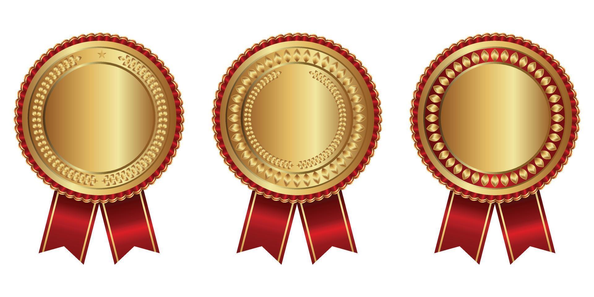 Set of realistic 3d Champion gold and red award trophy empty medals with ribbons for winner. Vector illustration