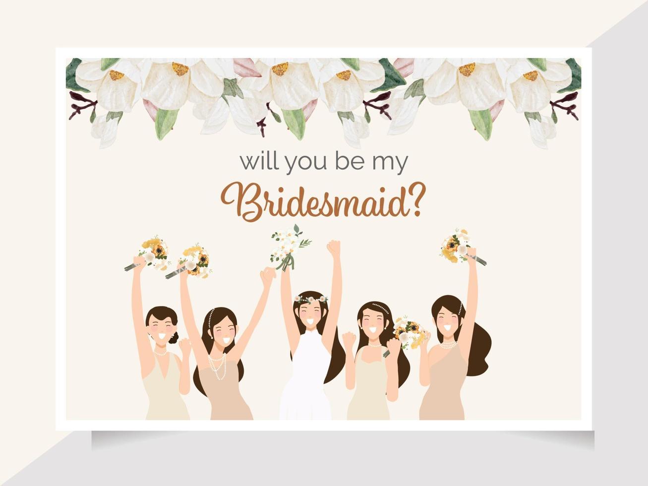 cute bride and bridesmaid on watercolor white magnolia flower bouquet invitation card template collection vector