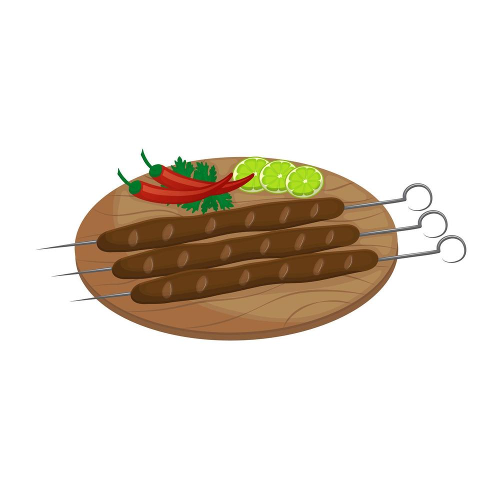 East Asian dish - kebab. Minced meat on skewer with lime greens. Vector illustration. Cartoon.