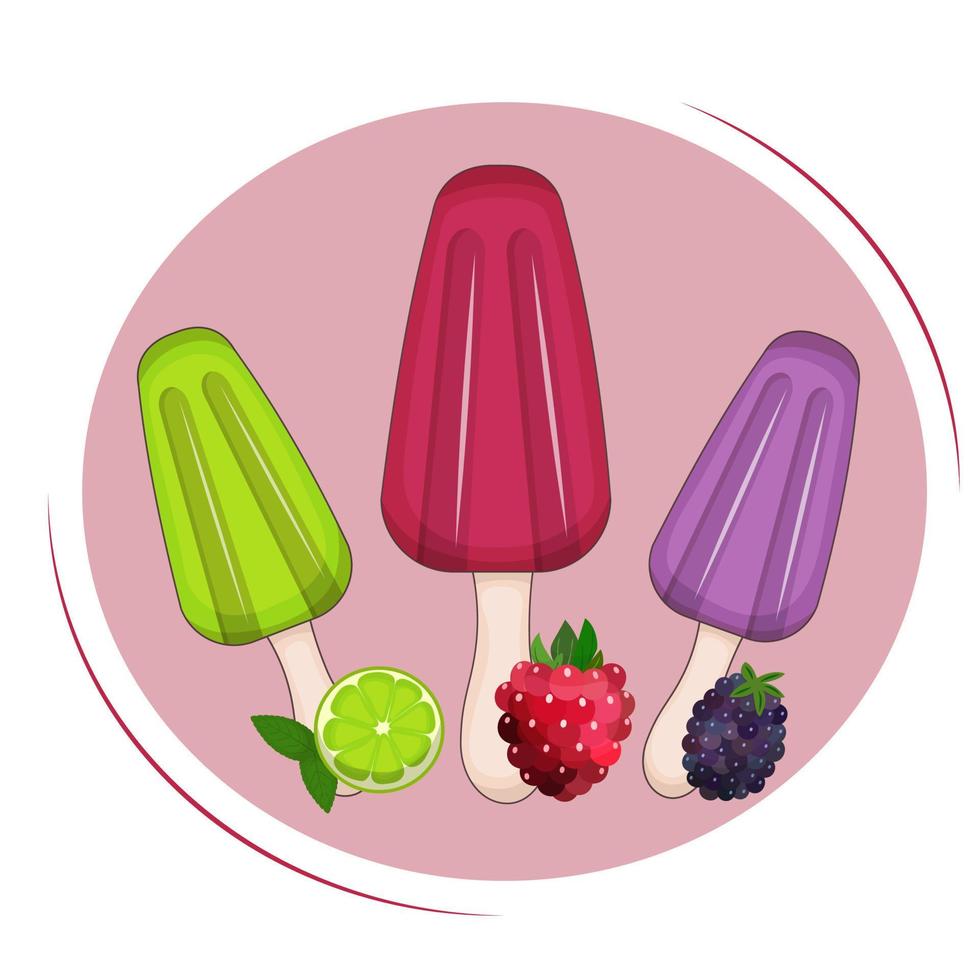 Mexican Paletas ice cream made with fruit and berry slices. Cool summer dessert of Latin American cuisine. Frozen fruit juice. Vector illustration. Cartoon.