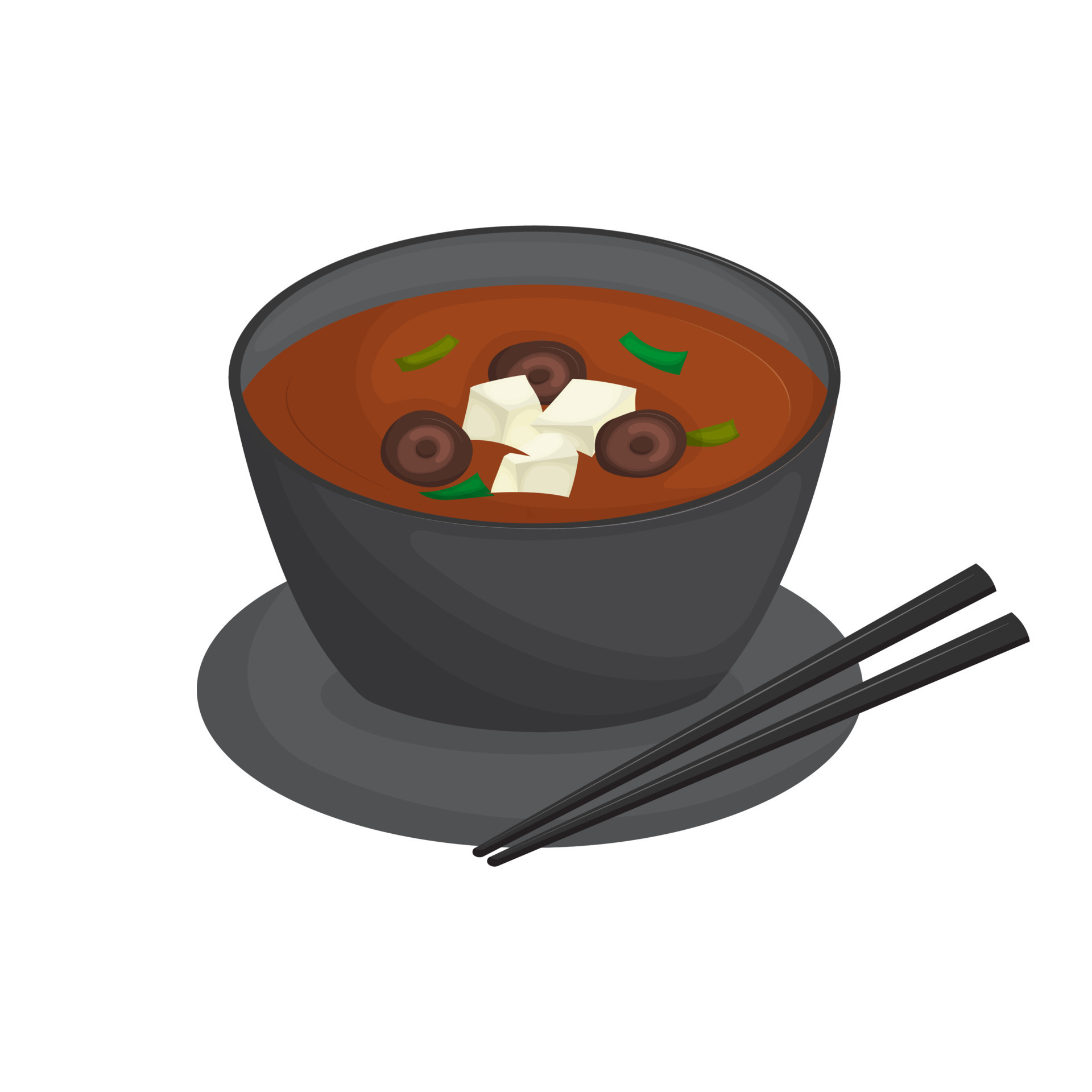 Japanese miso soup in black bowl with mushrooms and tofu. Traditional Asian cuisine. Vector