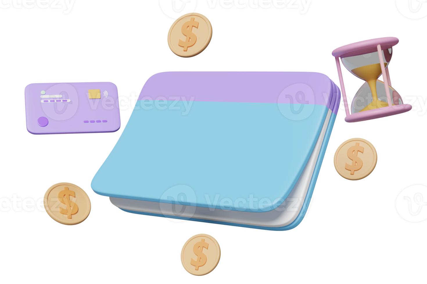 3d bank account book, passbook with money dollar coin, credit card, hourglass isolated. saving money, financial business, banking payment, minimal concept, 3d render illustration png