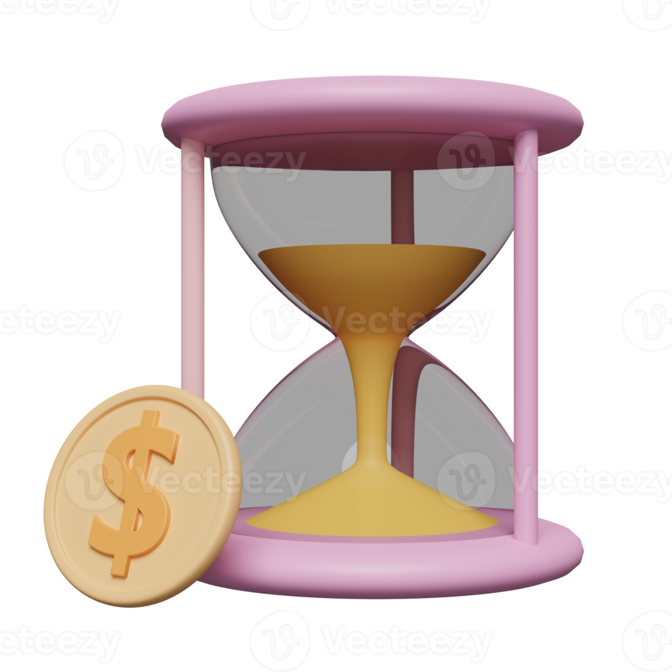 3d pink hourglass with dollar coins isolated. business growth concept, 3d illustration or 3d render png