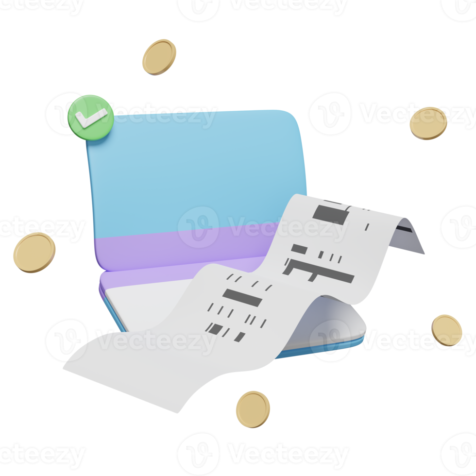 3d bank account open book, passbook with coin, invoice, paper receipt, electronic bill payment isolated. saving money, financial business, banking payment, 3d render illustration png