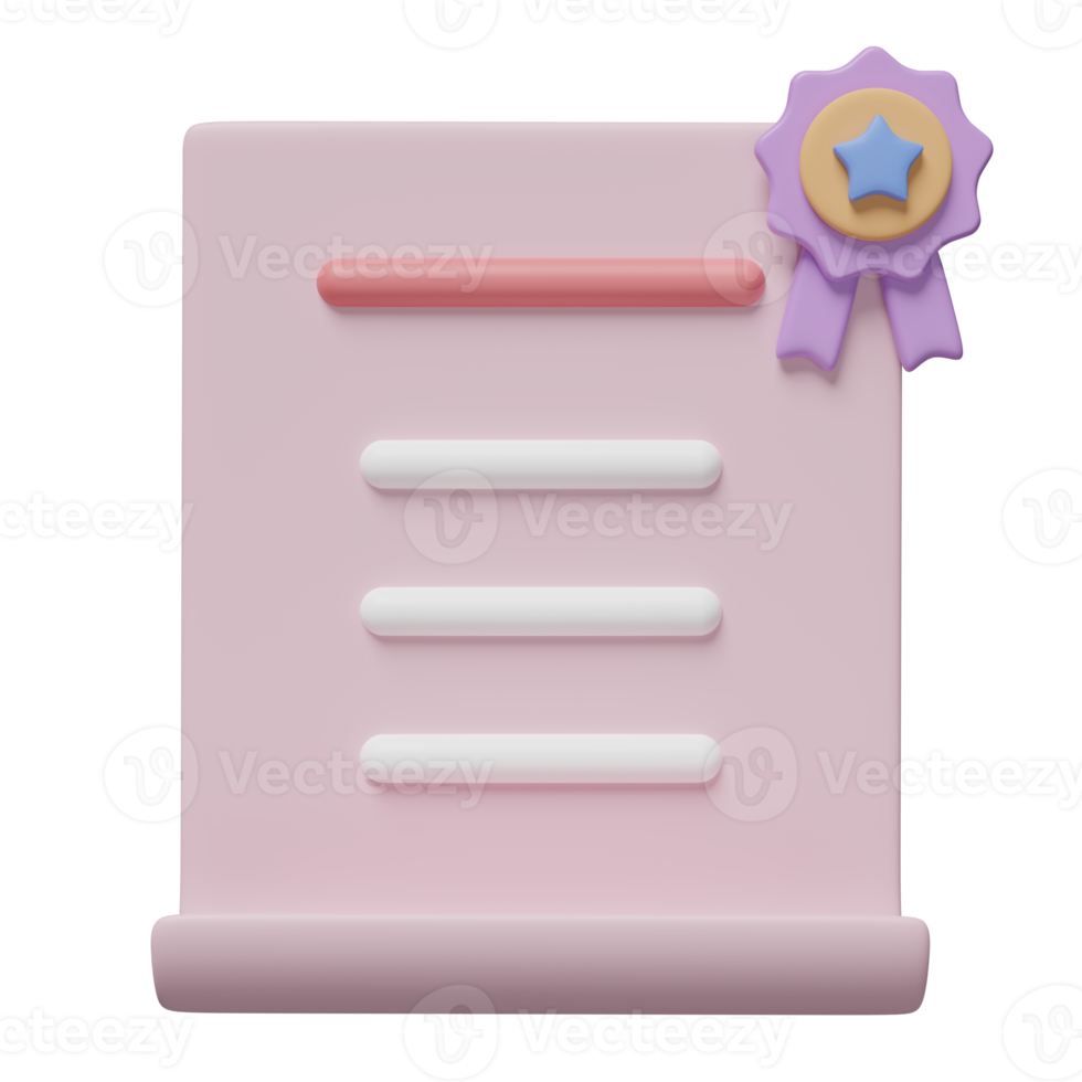 3d certificate icon with quality guarantee ribbon and star for award, diploma, achievement, grant isolated. achieve goals, success concept, 3d render illustration png