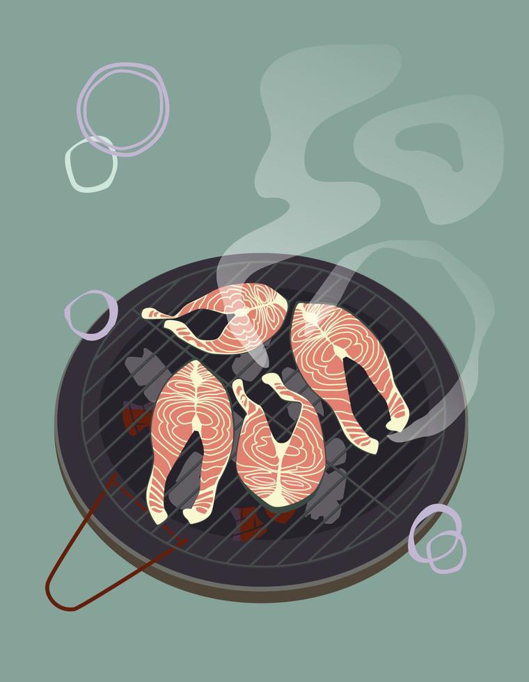 Red fish steaks are grilled. Vector. vector