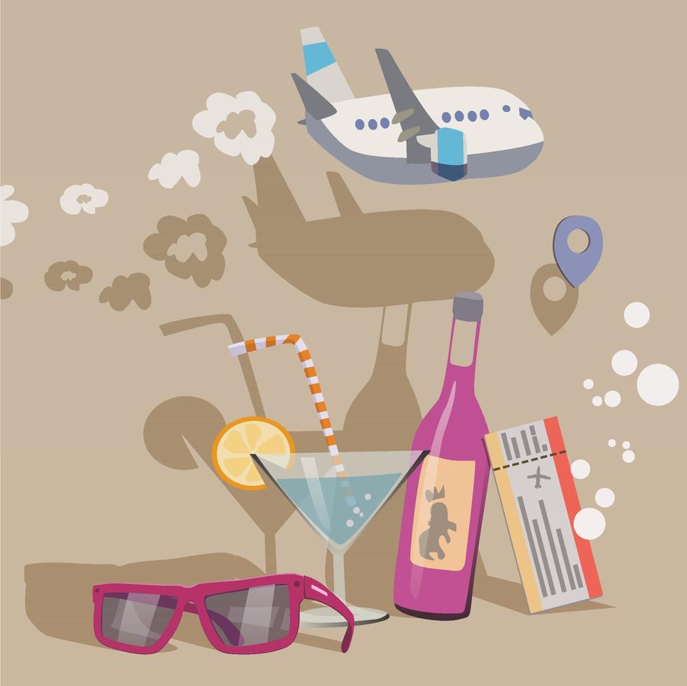 Travel set with cocktails and an airplane. Vector. vector