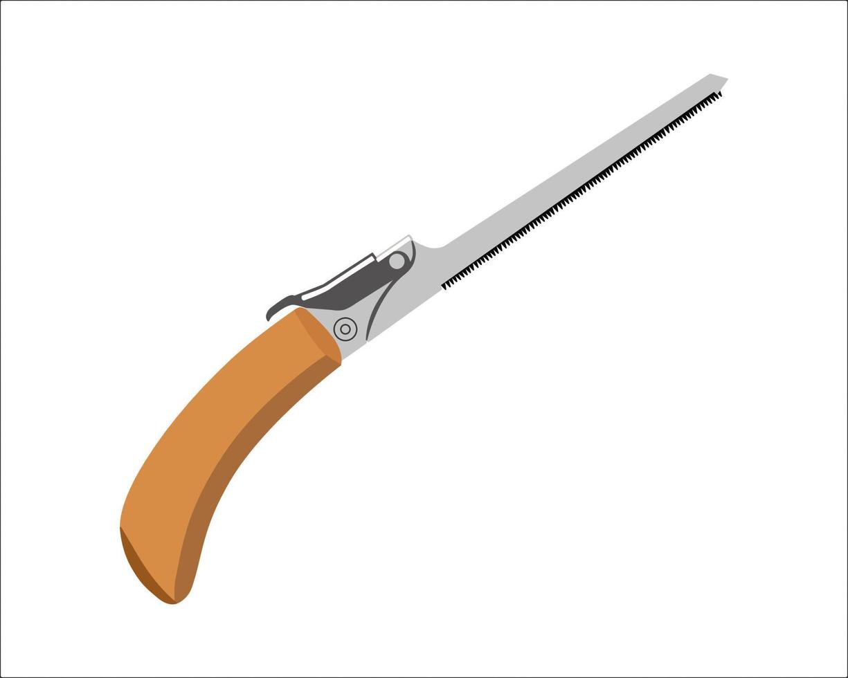 Vector Illustration Hand Pruning Folding Saw isolated. Carpentry hand tools. This saw is used to cut a wide range on the large end of wood thicknesses or trim live shrubs and trees.