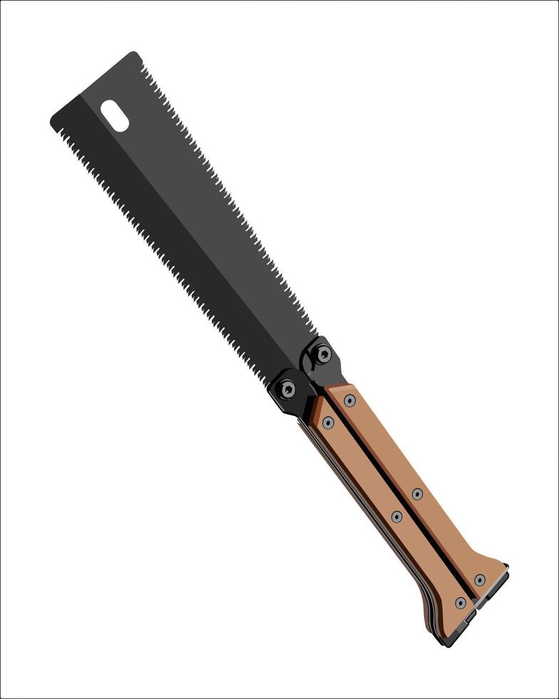 Vector Illustration Hand Pruning Folding Saw isolated. Carpentry hand tools. This saw is used to cut a wide range on the large end of wood thicknesses or trim live shrubs and trees.