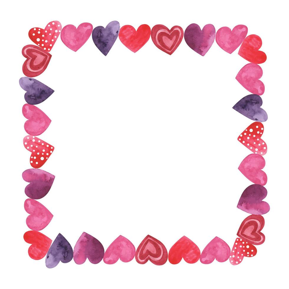 square frame made of hand painted watercolor hearts. Cute and romantic, perfect for Valentine's day greeting. vector