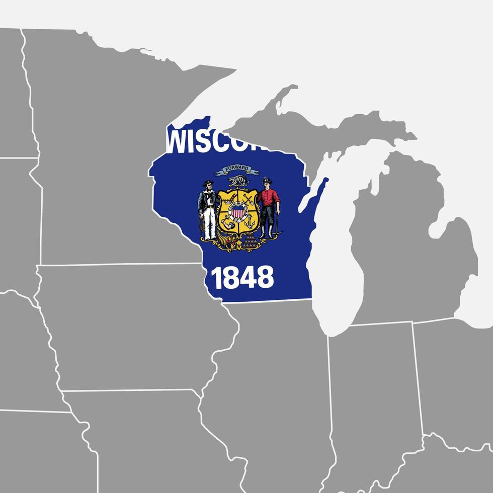 Wisconsin state map with flag. Vector illustration.