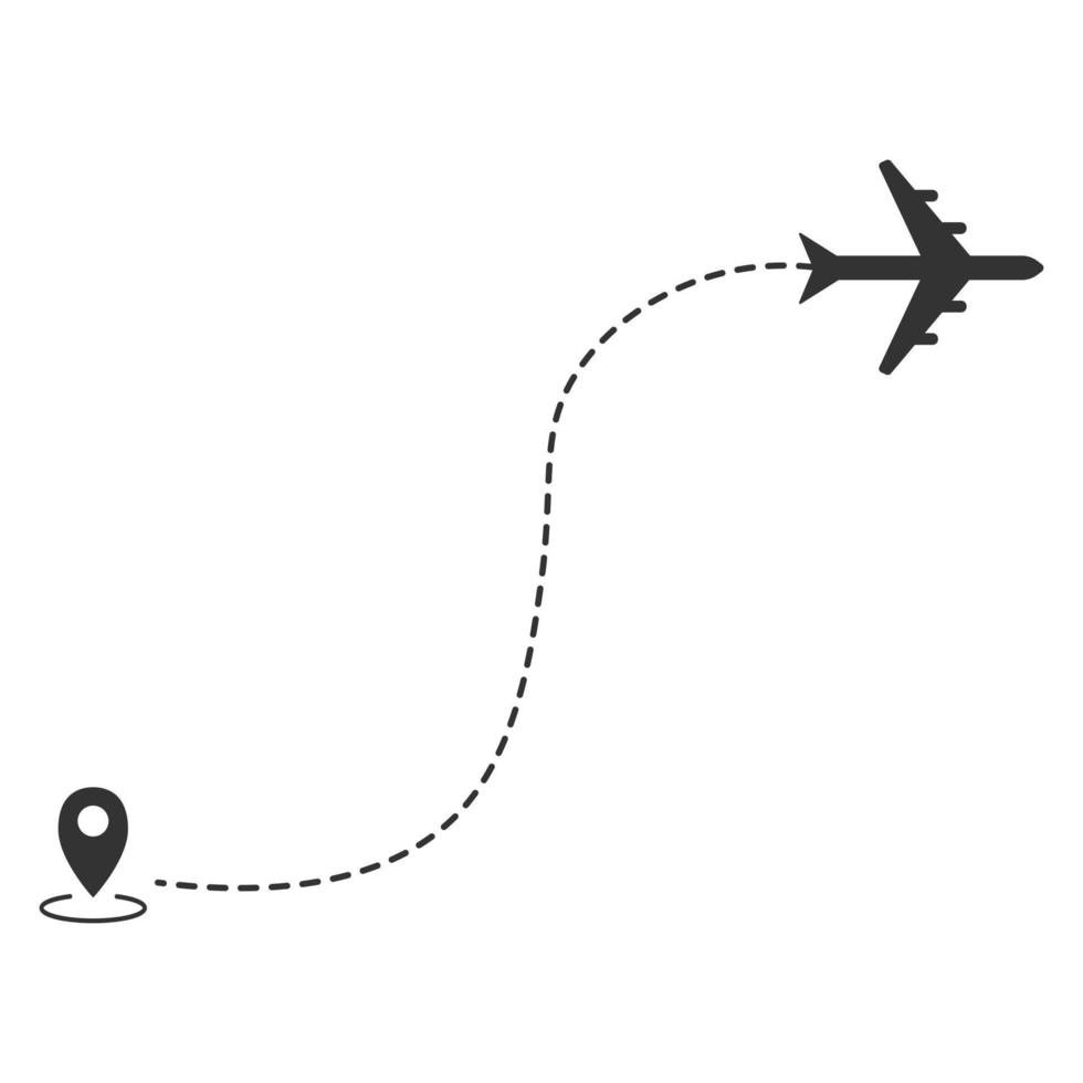 Airplane line path of air plane flight route with start point and dash line trace. Vector illustration