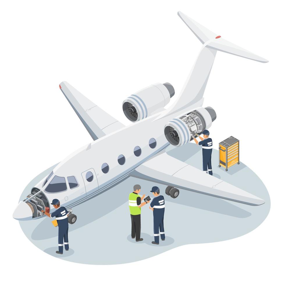 Private Airplane Engineer Technician Maintenance and Repair Service Small Jet Business Flight Cost white illustration isometric isolated vector