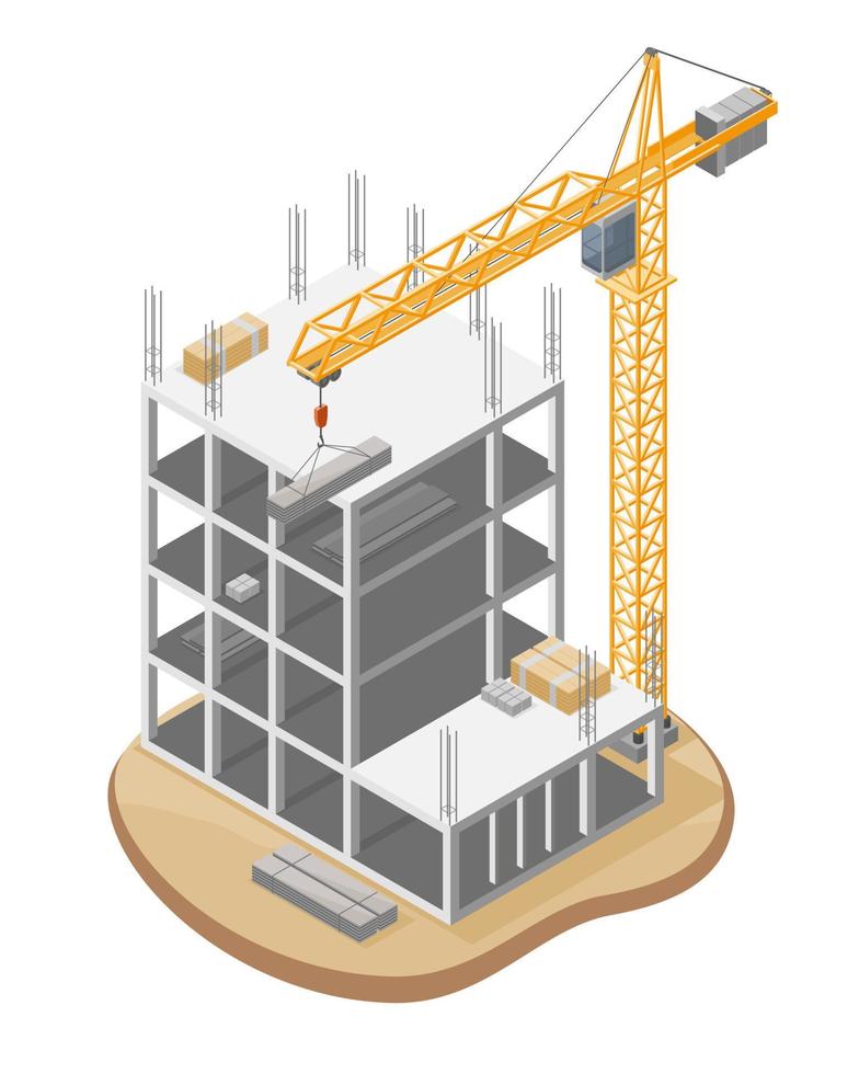 edificio simple en sitio de construcción y grúa de cabeza de martillo ilustración de sistema de elevación de servicio pesado isométrica vector aislado