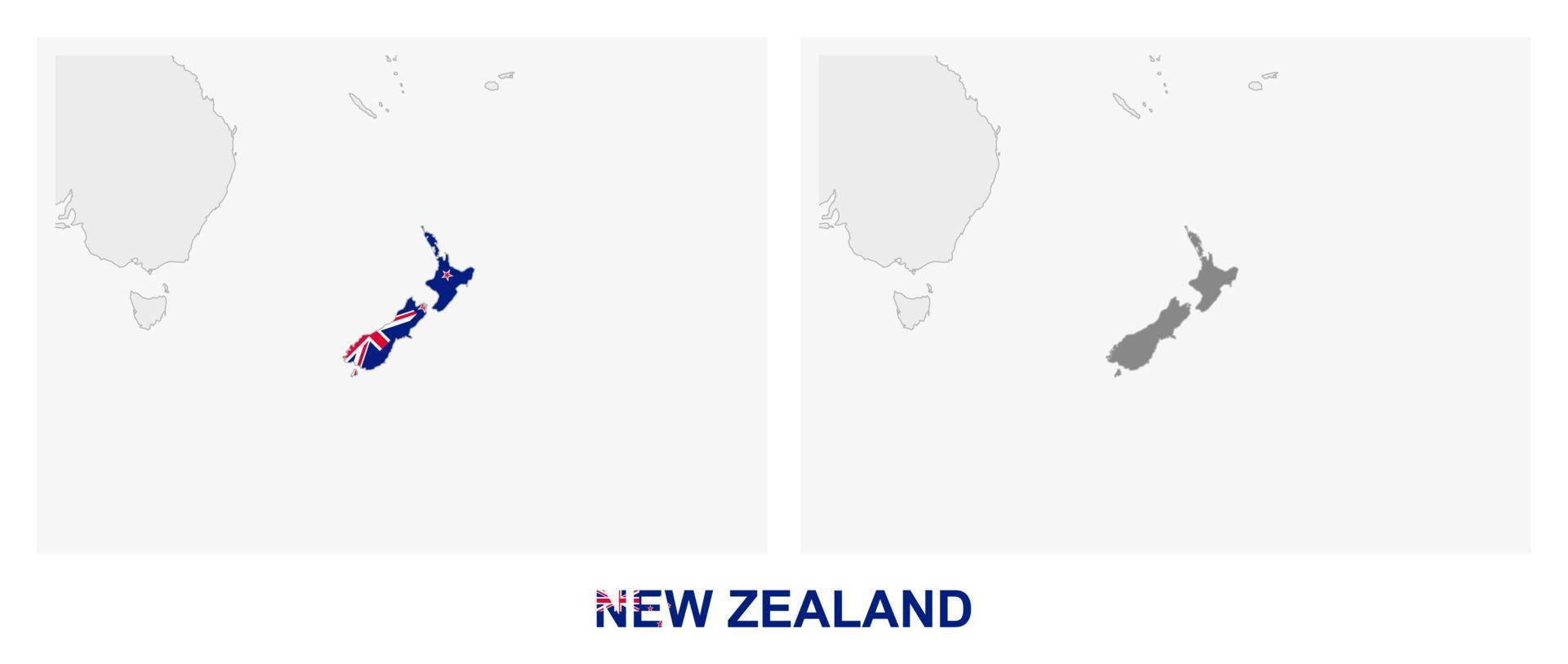 Two versions of the map of New Zealand, with the flag of New Zealand and highlighted in dark grey. vector
