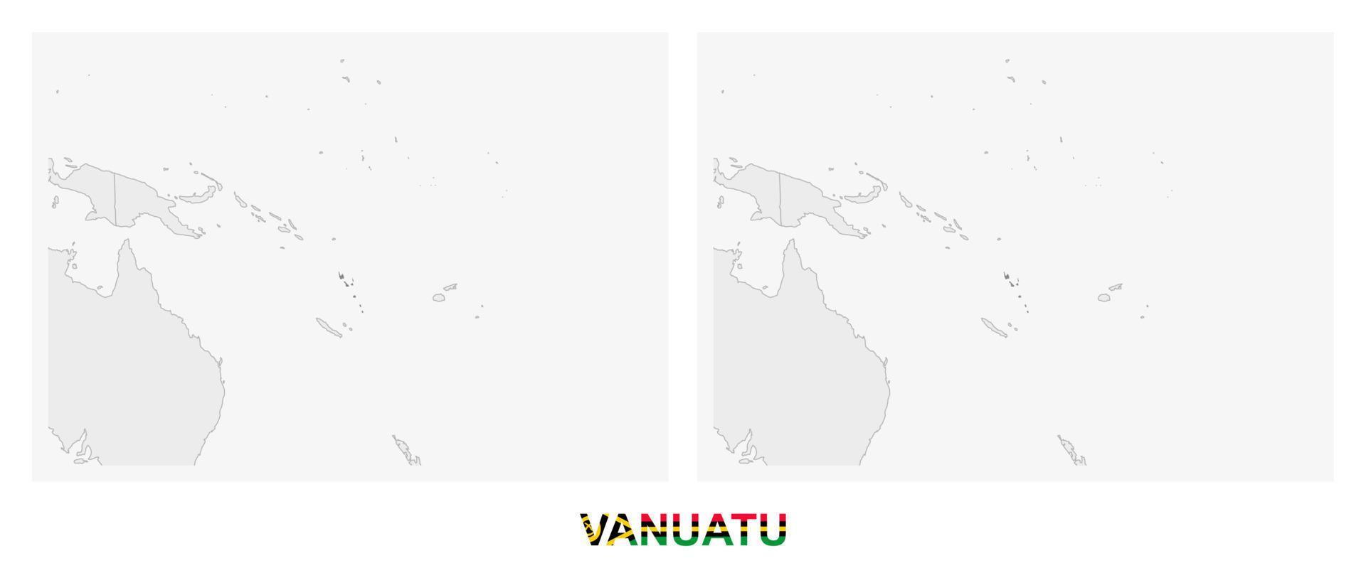 dos versiones del mapa de vanuatu, con la bandera de vanuatu y resaltada en gris oscuro. vector