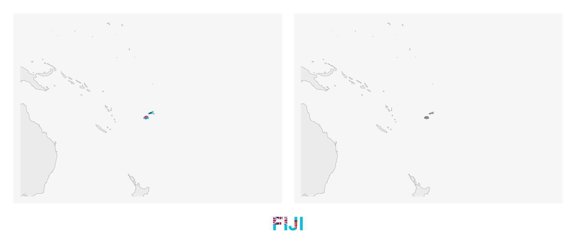 Two versions of the map of Fiji, with the flag of Fiji and highlighted in dark grey. vector