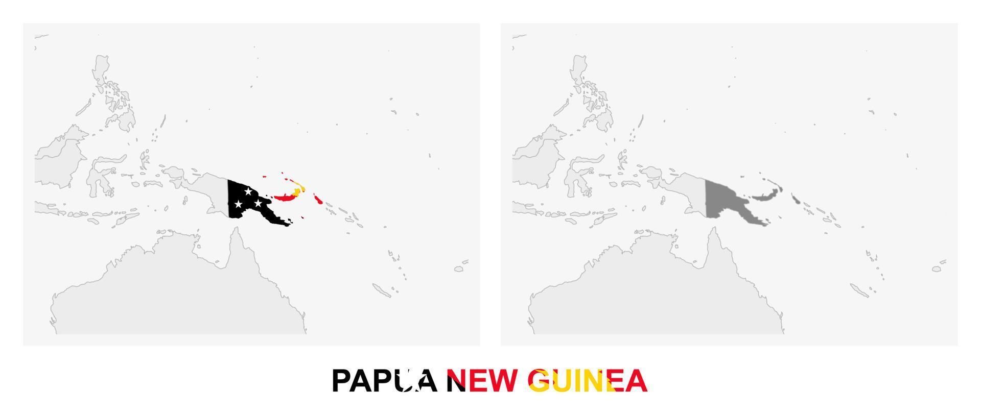 Two versions of the map of Papua New Guinea, with the flag of Papua New Guinea and highlighted in dark grey. vector