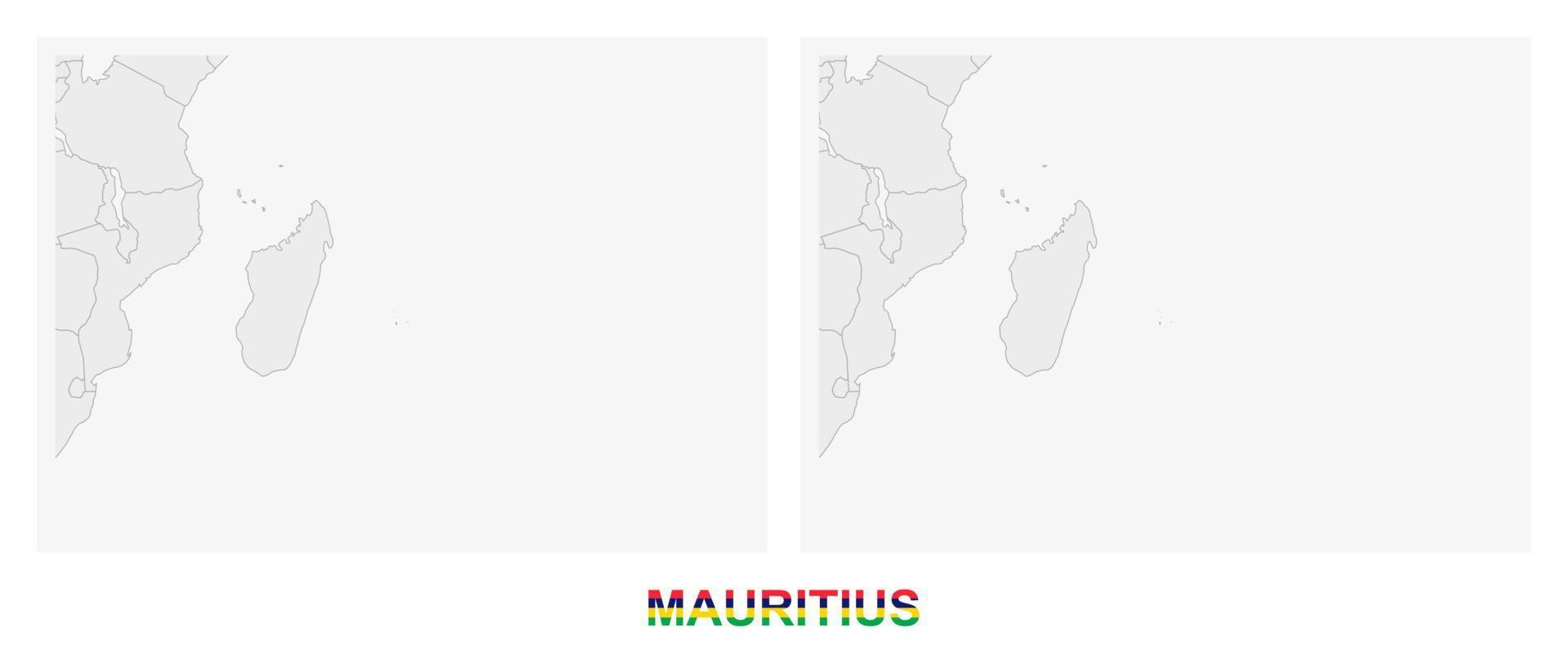 Two versions of the map of Mauritius, with the flag of Mauritius and highlighted in dark grey. vector