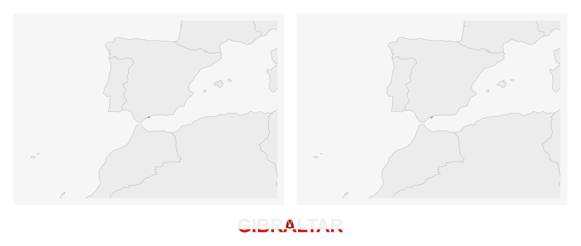 dos versiones del mapa de gibraltar, con la bandera de gibraltar y resaltada en gris oscuro. vector