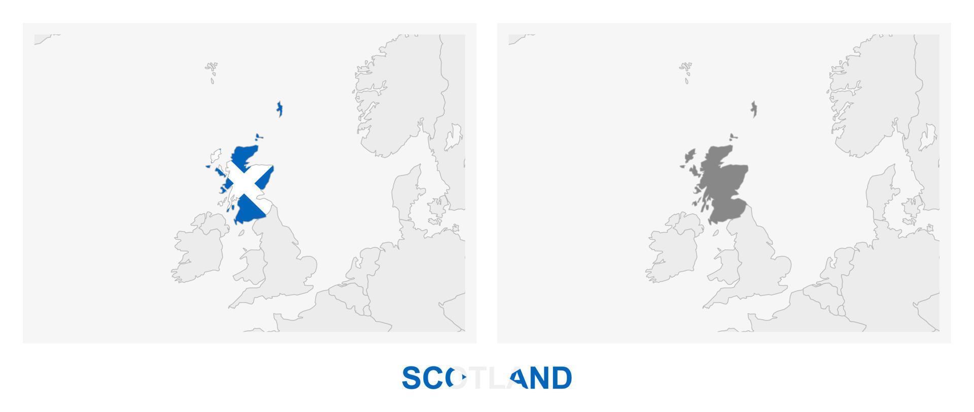 dos versiones del mapa de escocia, con la bandera de escocia y resaltada en gris oscuro. vector