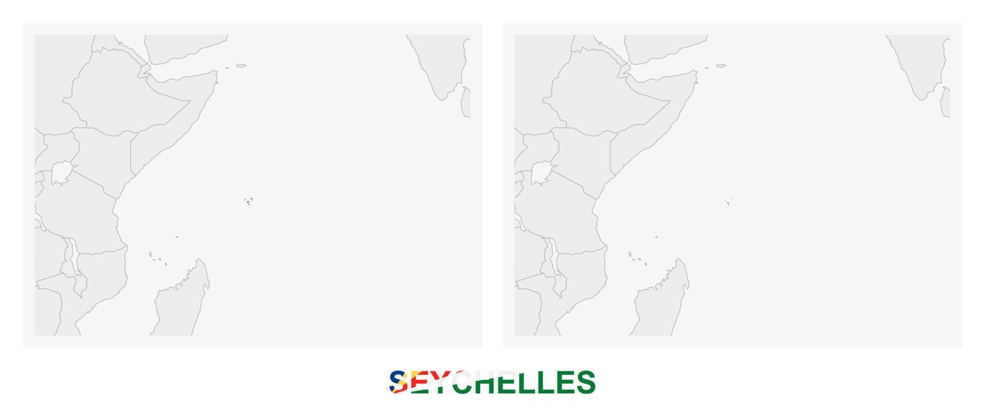 Two versions of the map of Seychelles, with the flag of Seychelles and highlighted in dark grey. vector