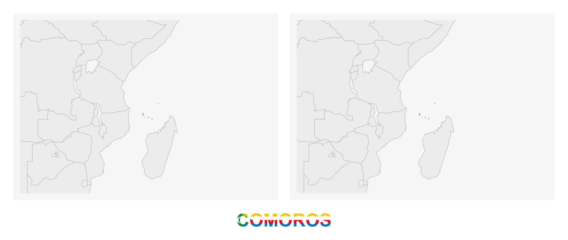 dos versiones del mapa de comoras, con la bandera de comoras y resaltada en gris oscuro. vector