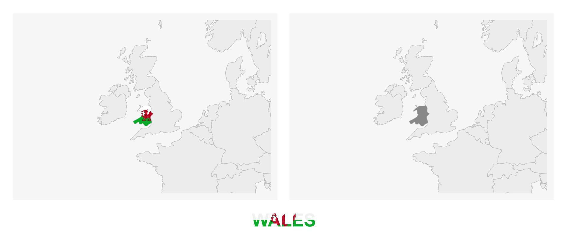 dos versiones del mapa de gales, con la bandera de gales y resaltada en gris oscuro. vector