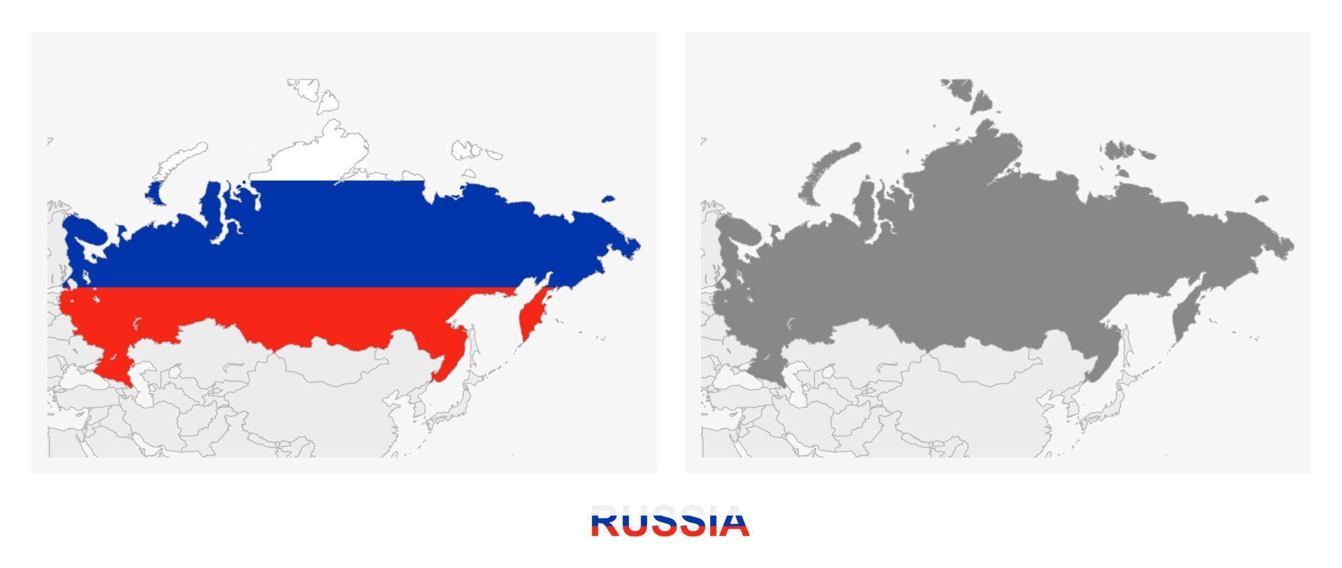 Two versions of the map of Russia, with the flag of Russia and highlighted in dark grey. vector