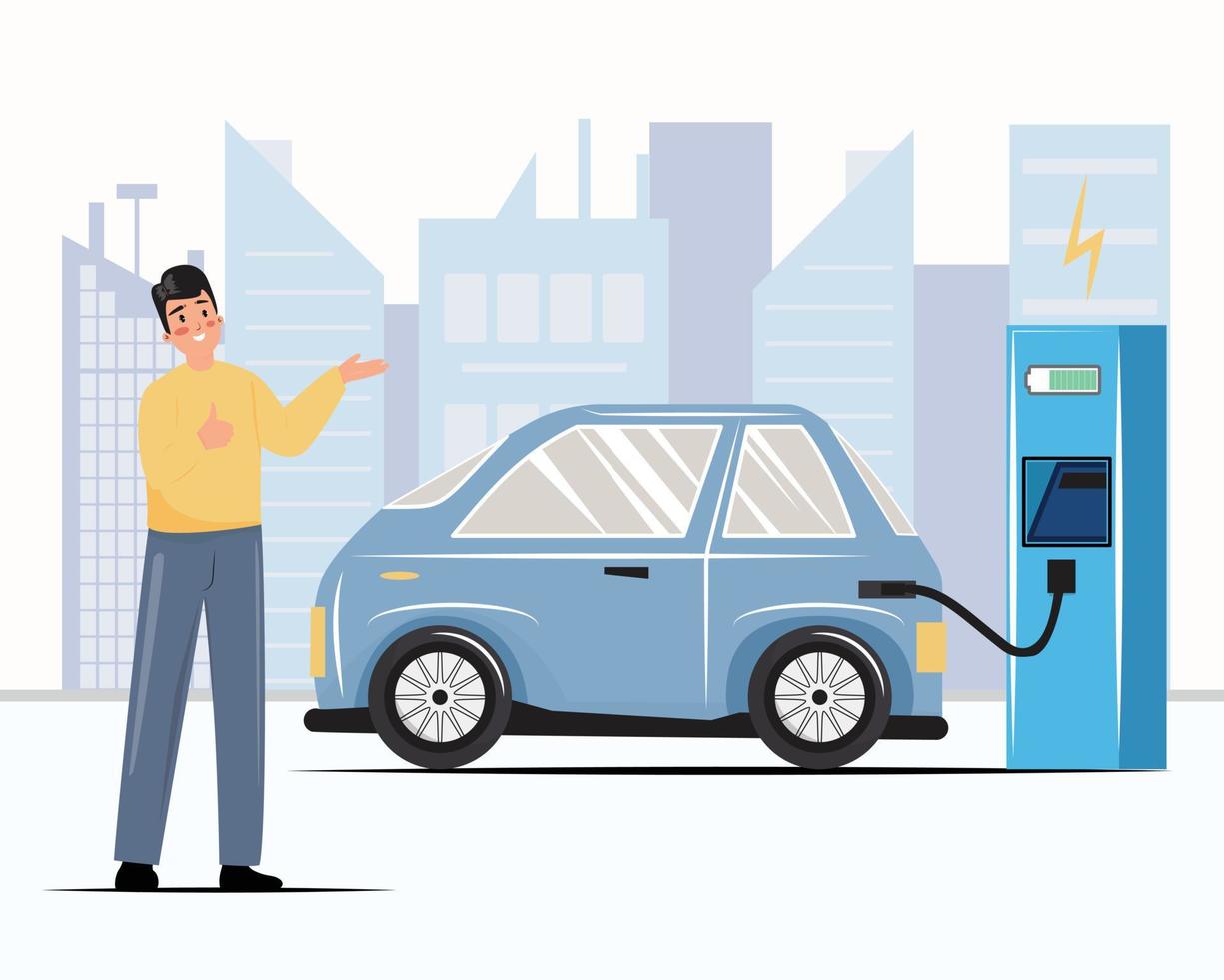 hombre cargando un coche eléctrico. transporte, ecología, energía, ilustración del concepto de estilo de vida. transporte futuro electrificado e-motion. ilustración vectorial vector