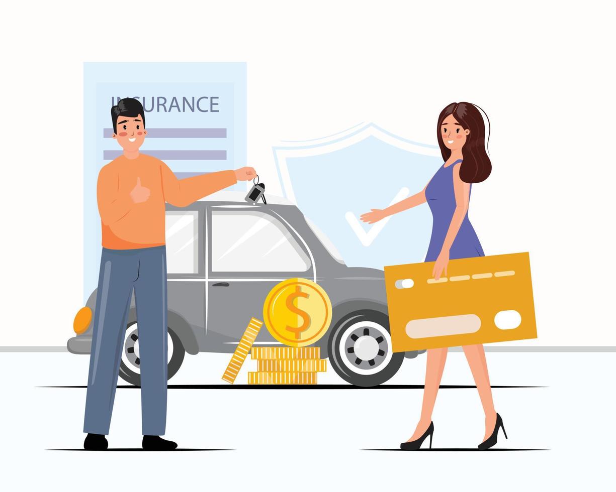 Man givingCartoon vector illustration with young people. Man giving the car key to the pretty young woman. Car insurance, credit, transport, purchase concept illustration with people.