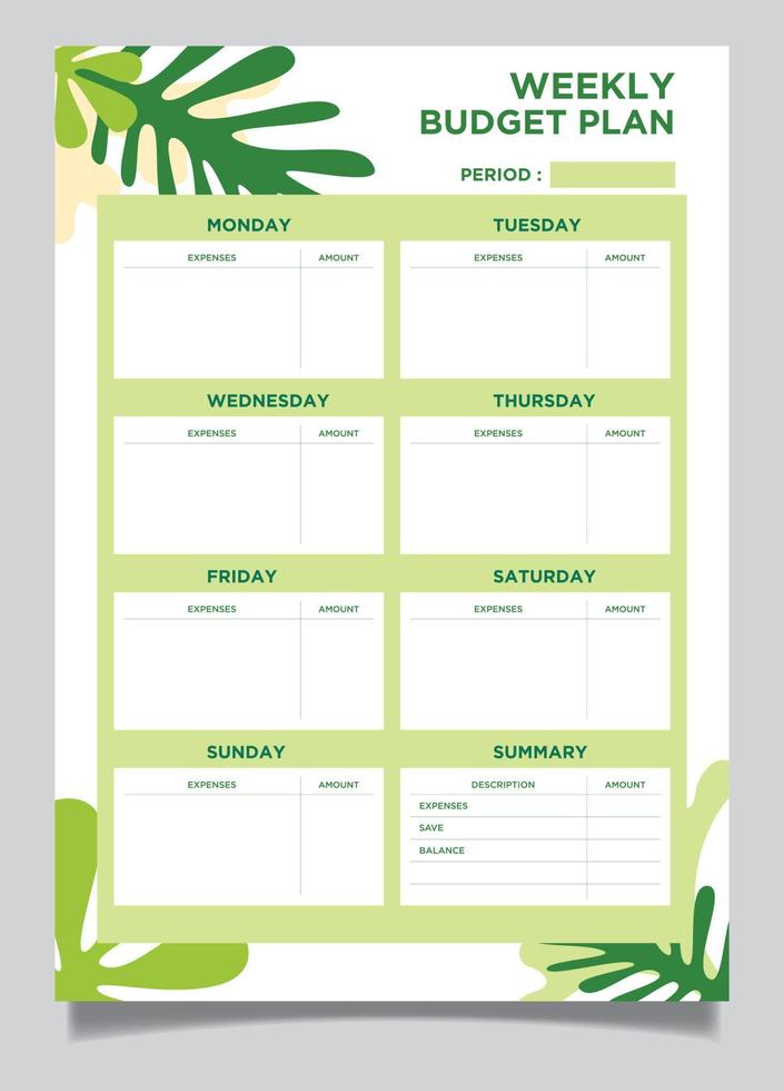 Ready to print A4 Size, stylist organic shapes Weekly planner design. vector