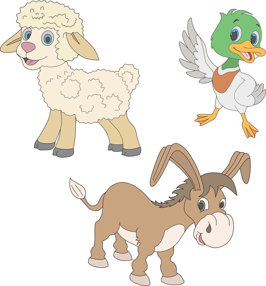 imagen vectorial de oveja, burro y pato, para colorear libro. vector