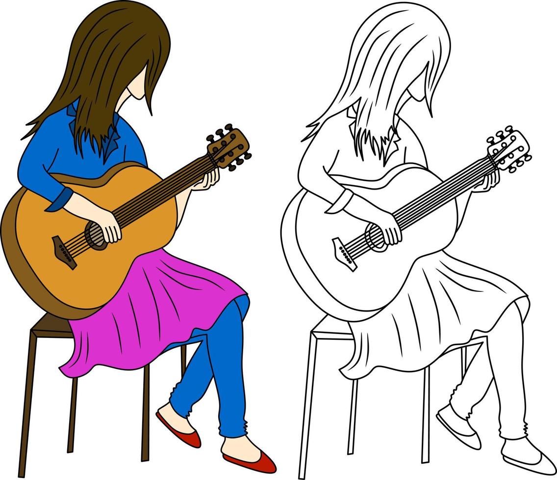 Girl playing guitar coloring page vector