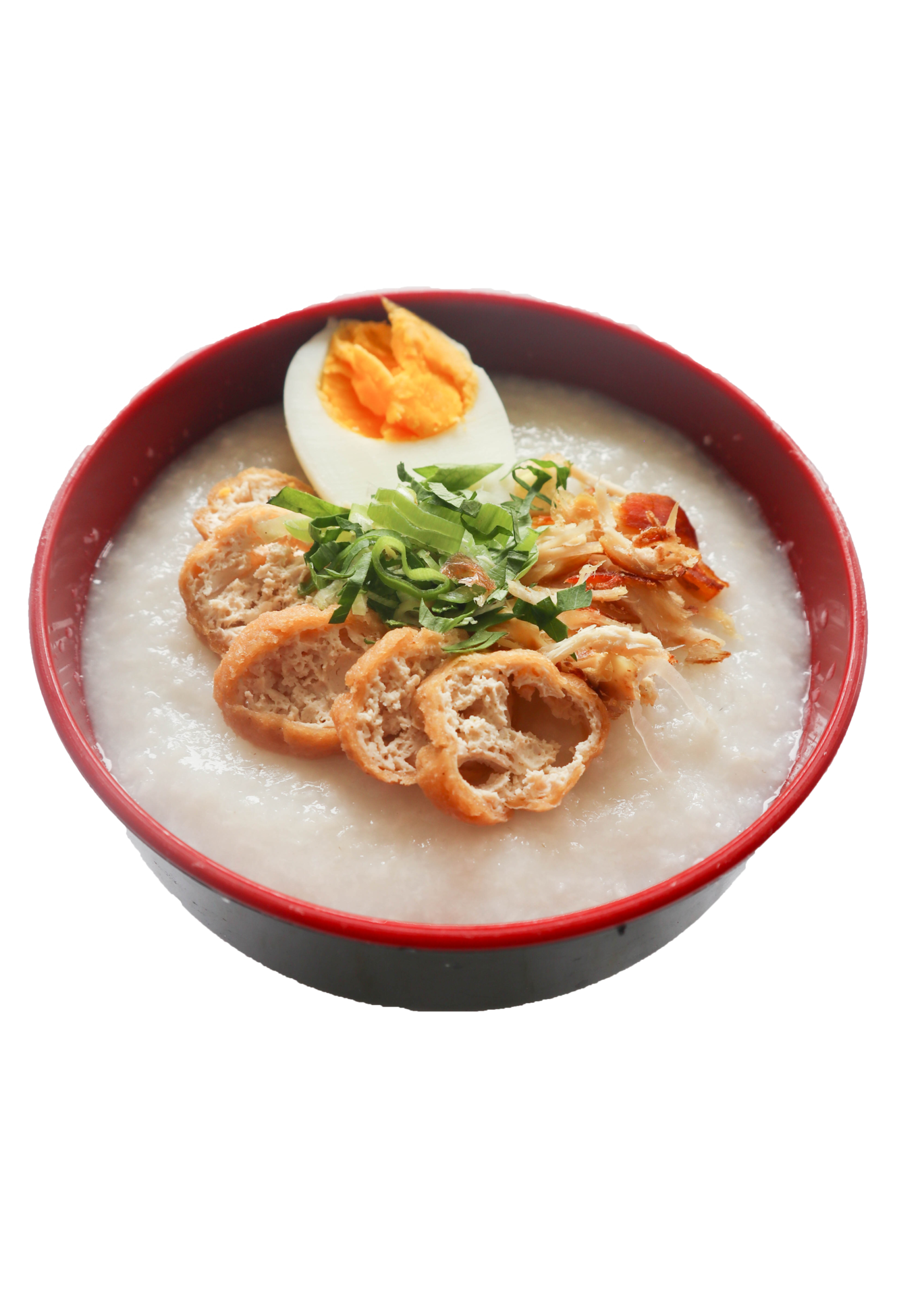 congee porridge with chicken slice, tofu, egg. congee porridge from